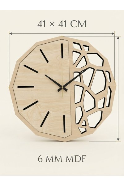 Nixar Desing Geometrik Duvar Saati Ahşap Desenli Siyah Modern Dekoratif Sessiz Akar Saniye 41 cm Lazer Kesim MDF