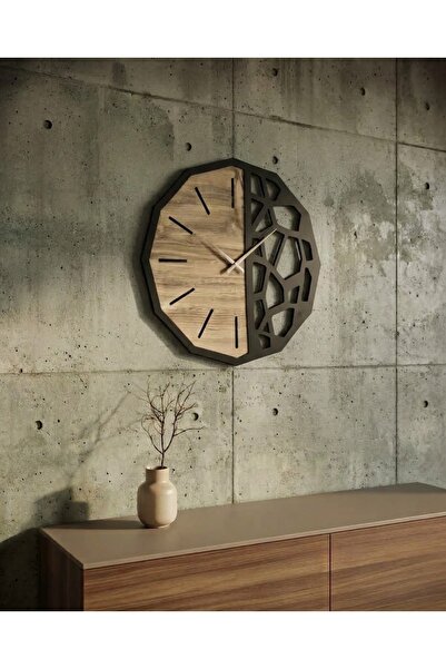 Nixar Desing Geometrik Duvar Saati Ahşap Desenli Siyah Modern Dekoratif Sessi...