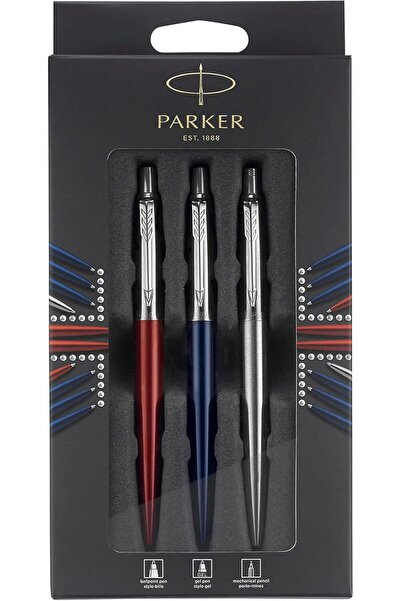 Parker مجموعة جوتر لندن الثلاثية للاكتشاف: قلم حبر جاف أزرق ملكي، قلم جل أحمر...