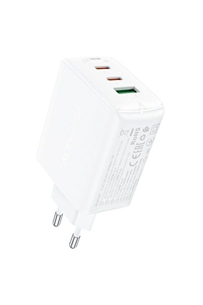 Acefast Încărcător rapid GaN (2x USB-C / USB-A) PPS / PD / QC4+ 65W alb (A41)