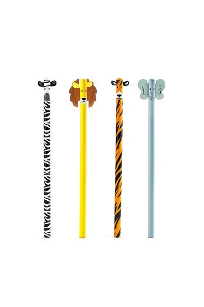 Kikkerland Safari Animal Pencils Safari Animal Figure Pencil Set – 4-Piece