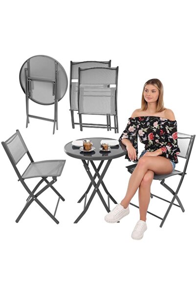SASKA GARDEN SET MEBELI DE BALCON MASĂ ROTUNDĂ ȘI 2 SCAUNE PLIABILE GRI