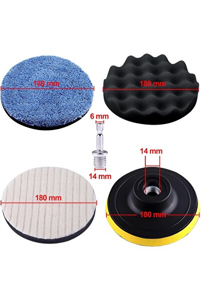 SIQUK Set 8 Bureți Polish Auto 180 mm – Spumă + Lână, Pad Velcro, Adaptor M14 pentru Bormașină –