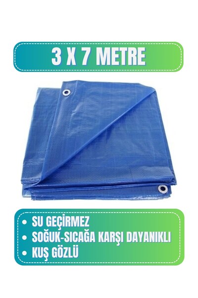 Evkar 3x7 metre Su Geçirmez Pullu Çadır Branda Tente Yağmurluk Gölgelik 3x7m - Mavi