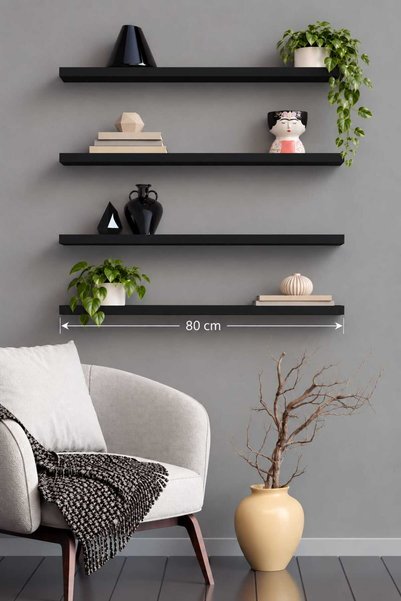 yankı-byeg 80 cm 4lü Mat Siyah Mdf Uçan Duvar Rafı Gizli Bağlantı Kitaplık