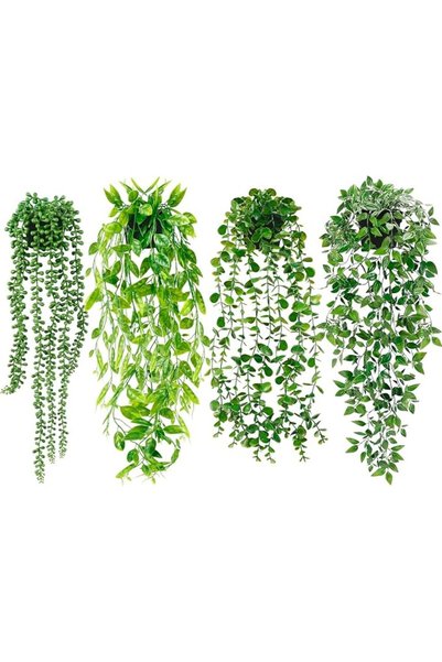GENERAL نباتات معلقة اصطناعية، 4 قطع، نباتات معلقة مزيفة في أواني، أوكالبتوس ...