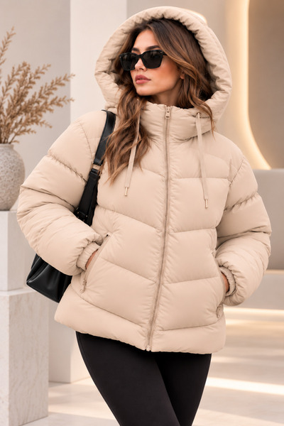 Modayıldızlar Bej Kışlık Şişme Mont Yan Cep Fermuar