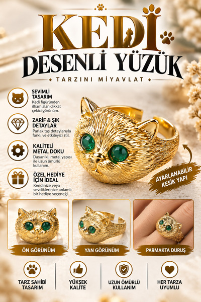 FG KONNİCHİWA Cat Ring and Many Kittens Model Colorful Cute Cat Figured Adjus...