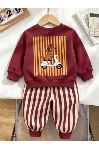 MTL %100 Pamuklu Bordo Sweatshirt Çizgili 2'li Erkek Bebek&Çocuk Takımı