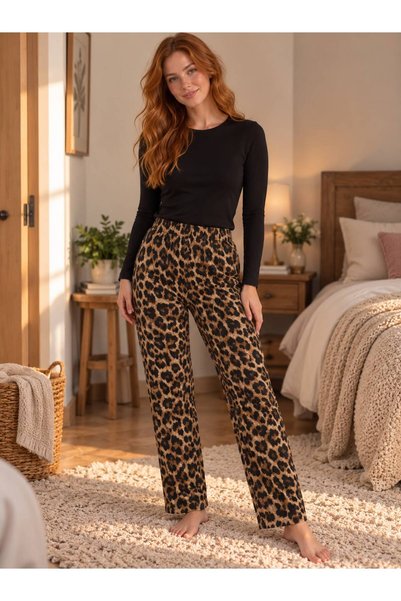 NoaLoungwear Kadın Leopar Desenli Süet Pijama Altı Beli Lastikli Ev Pantolonu...