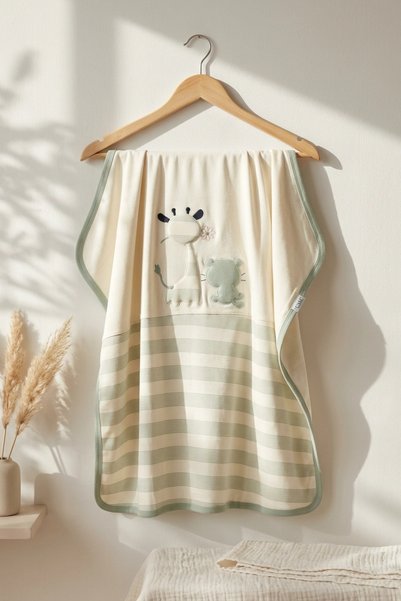 Gaye Lumi Soft 100% Cotton Sage Green Giraffe Embroidered Interlock Baby Blan...