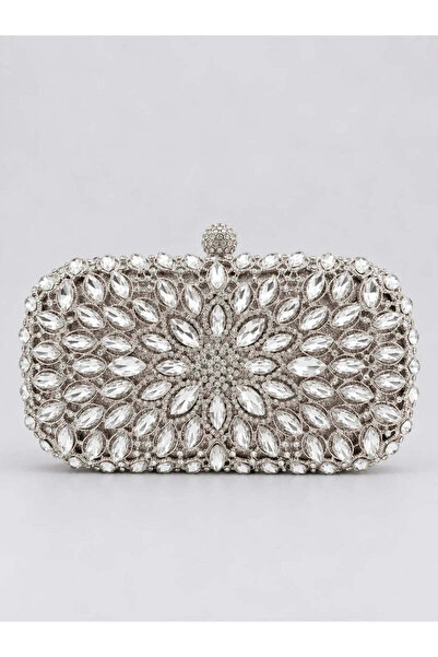 NO BRAND Ασημένια τσάντα clutch με αστραφτερές πέτρες