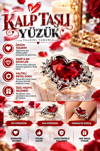 FG KONNİCHİWA Red Gothic Ring with Heart Stone
