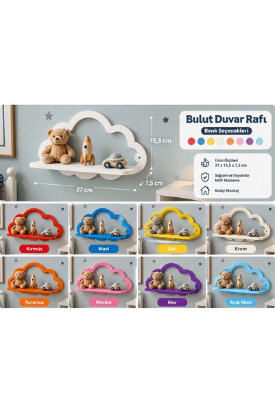 Yalçın3D 3D Baskı Bulut Figürlü Çocuk Odası Duvar Rafı