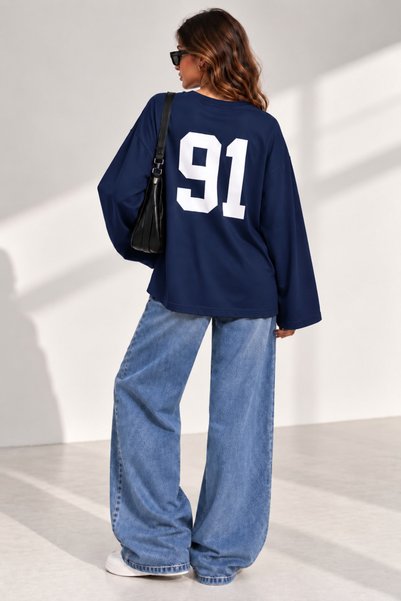 TuZeGiyim Both Front and Back Printed Oversize Fit Long Sleeve Hoodless Pocketless Women's Sweetshirt