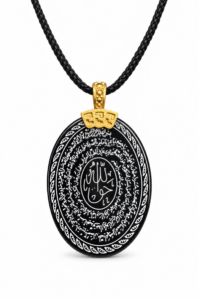 Siyah Akik Taşı Oval Kolye Na‘l-i Şerif Hakkani Mührü Yazılı Unisex