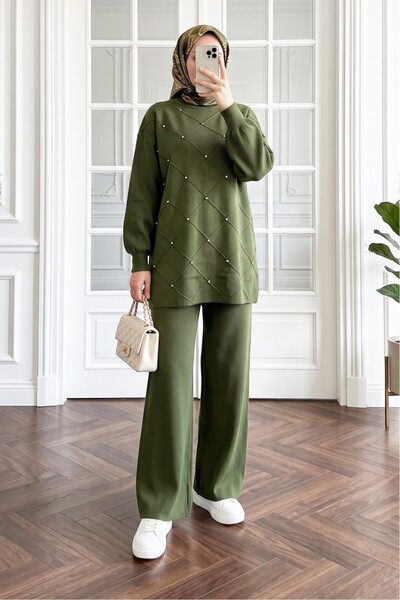 MODAQU Taşlı Triko Tunik Pantolon Takım - Haki