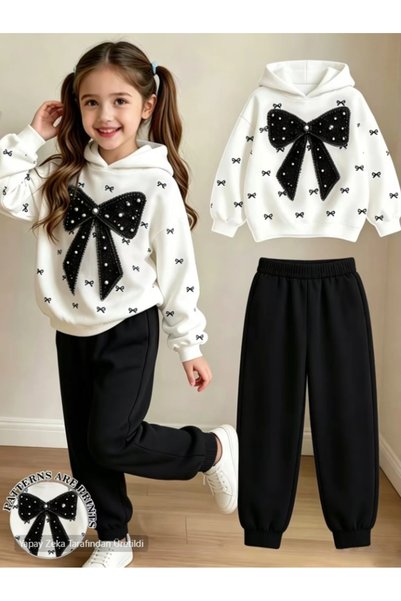 İBRE Pek-Şik Moda Stylish Girls' Set with Ribbon Embroidery and Pearls