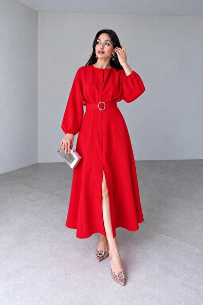 MyBella Belted Pleated Slit Pleated Dress