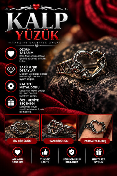 FG KONNİCHİWA Heart Patterned Unisex Ring – Gothic Model with Rose Detail