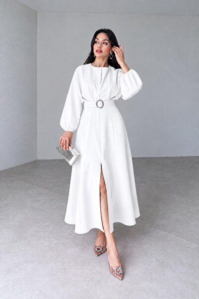 MyBella Belted Pleated Slit Pleated Dress