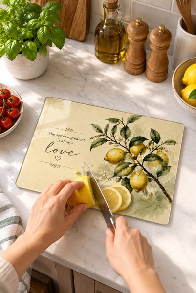GÖKÇEOĞLU Glass Cutting Board Decorative Lemon Themed - Glass Cutting Board |   20cm X 30cm