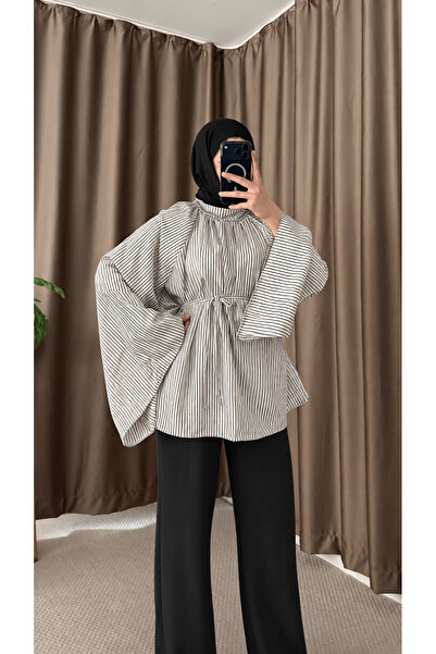 Hepsi Moda İspanyol Kol İnce Çizgili Oversize Tunik Hpm - Siyah & Beyaz