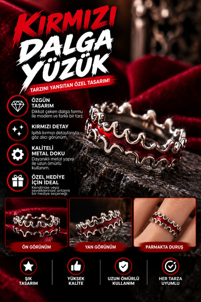 FG KONNİCHİWA Red Wave Patterned Unisex Ring – Modern Alternative Model