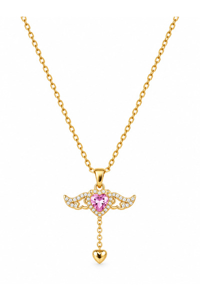 Generic Brand Steel Heart Wing Necklace – Stylish Women's Necklace with Gold Color and Pink Stone