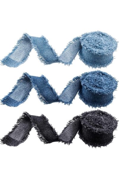 SYOSI Denim Fringe Ribbon Set, 2 Yards Each Light Blue, Blue & Black Rustic F...