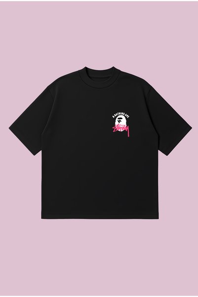 PURE POWER Bape X Stussy Printed Oversize Boxy Cut Unisex 100% Cotton Tshirt |   Streetwear
