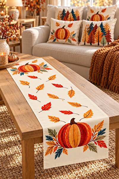 fdm desıgn Sonbahar Balkabağı ve Yaprak Desenli Krem Runner 140x40 cm Tek Tar...