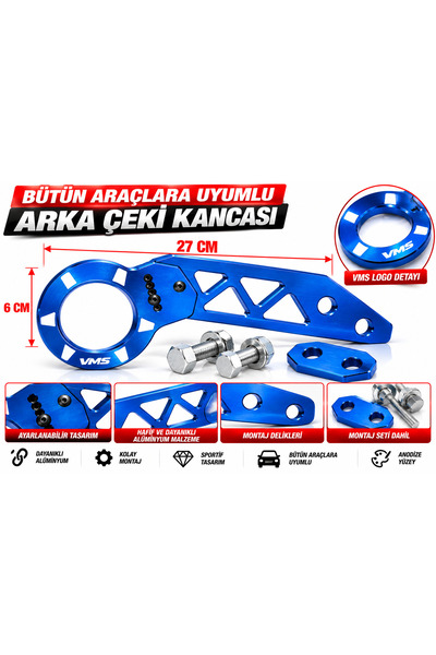 EP GARAJ OTOMOTİV BÜTÜN ARAÇLARA UYUMLU MAVİ RENKLİ ARKA ÇEKİ KANCASI