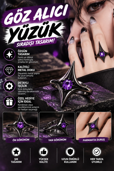 FG KONNİCHİWA Eye-Catching Purple Stone Black Gothic Ring
