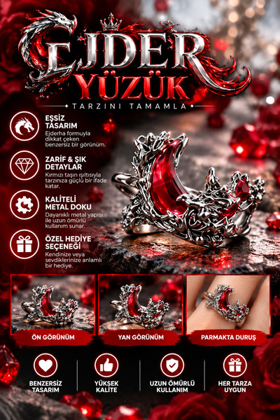 FG KONNİCHİWA Ejder Kırmızı Taşlı UNISEX Yüzük – Gotik Metal Tasarım