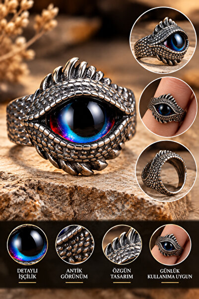 FG KONNİCHİWA Mystical Eye Unisex Ring – Antique Look Metal Ring with Blue Ey...