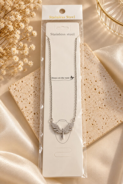 Generic Brand Steel Wing Figured Stone Necklace – Silver Color