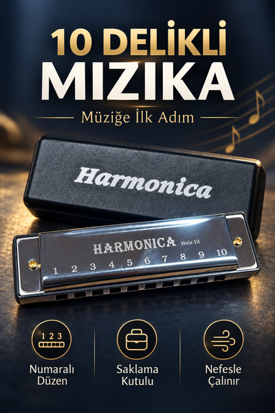indirimsevinci 10 Delikli Numaralı Mızıka Harmonica Saklama Kutulu Nota Kağıtlı Başlangıç Nefesli Çalgı