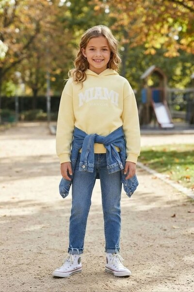 Lupinn Unisex Çocuk Sarı Miami Baskılı Kapüşonlu Sweatshirt , Kapşonlu Sarı Sweat
