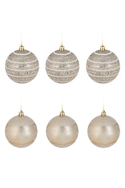 DD SHOP Set Globuri de Craciun Bej cu Glitter Ø8cm - 6buc - Decoratiuni Bej-S...