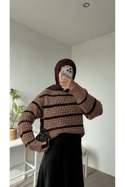 Hepsi Moda Sim Stripe Detailed Mesh Knit Sweater - Brown & Mink