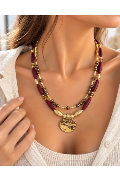 POYASE Gold Detailed Double Row Beaded Necklace Black and Burgundy Color Options Women's Necklace with Medallion Pendant