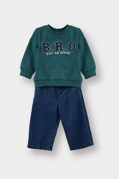 DeFacto 2-Piece Set Printed Sweatshirt Jean Pants Baby Boy