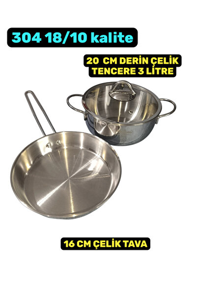 20 Cm Cam Kapaklı Çelik Tencere 16 Cm Çelik Tava 3 Parça Çelik Tava Tencere Seti