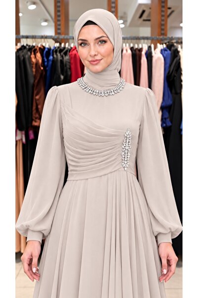 gökkuşagı moda Bej Tesettür Yan Taş Detaylı Şifon Abiye Elbise