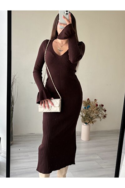 Kadın Kahverengi V Yaka Uzun Kollu Fitilli Triko Midi Elbise