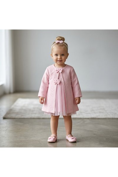 miaras baby Kız Çocuk Pembe Kabartma Çiçek Desenli Manto ve Tüllü Elbise Takı...