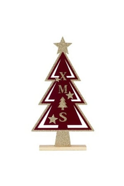 DD SHOP Decoratiune de Craciun din Lemn Brad Rosu Catifelat Auriu cu Glitter ...