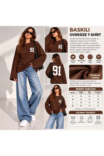 TuZeGiyim Both Front and Back Printed Oversize Fit Long Sleeve Hoodless Pocketless Women's Sweetshirt