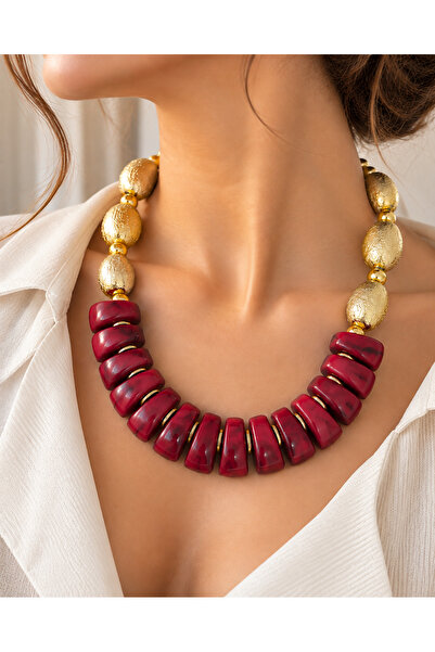 POYASE Burgundy Gold Detailed Showy Necklace Textured Gold Color Oval Beaded Stylish Women's Bijouterie Necklace